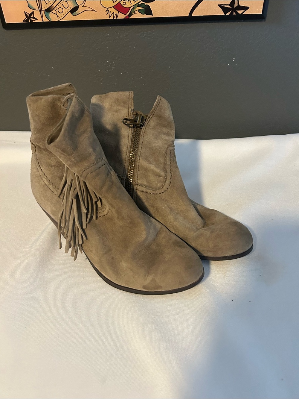 Sam Edelman Taupe Suede Fringe Ankle Boots